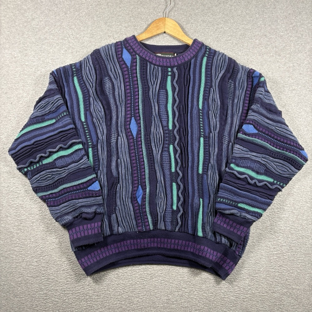 ⁠Vintage 90s Tundra Canada 3D Knit Sweater Mens Large Purple Blue Coogi Style